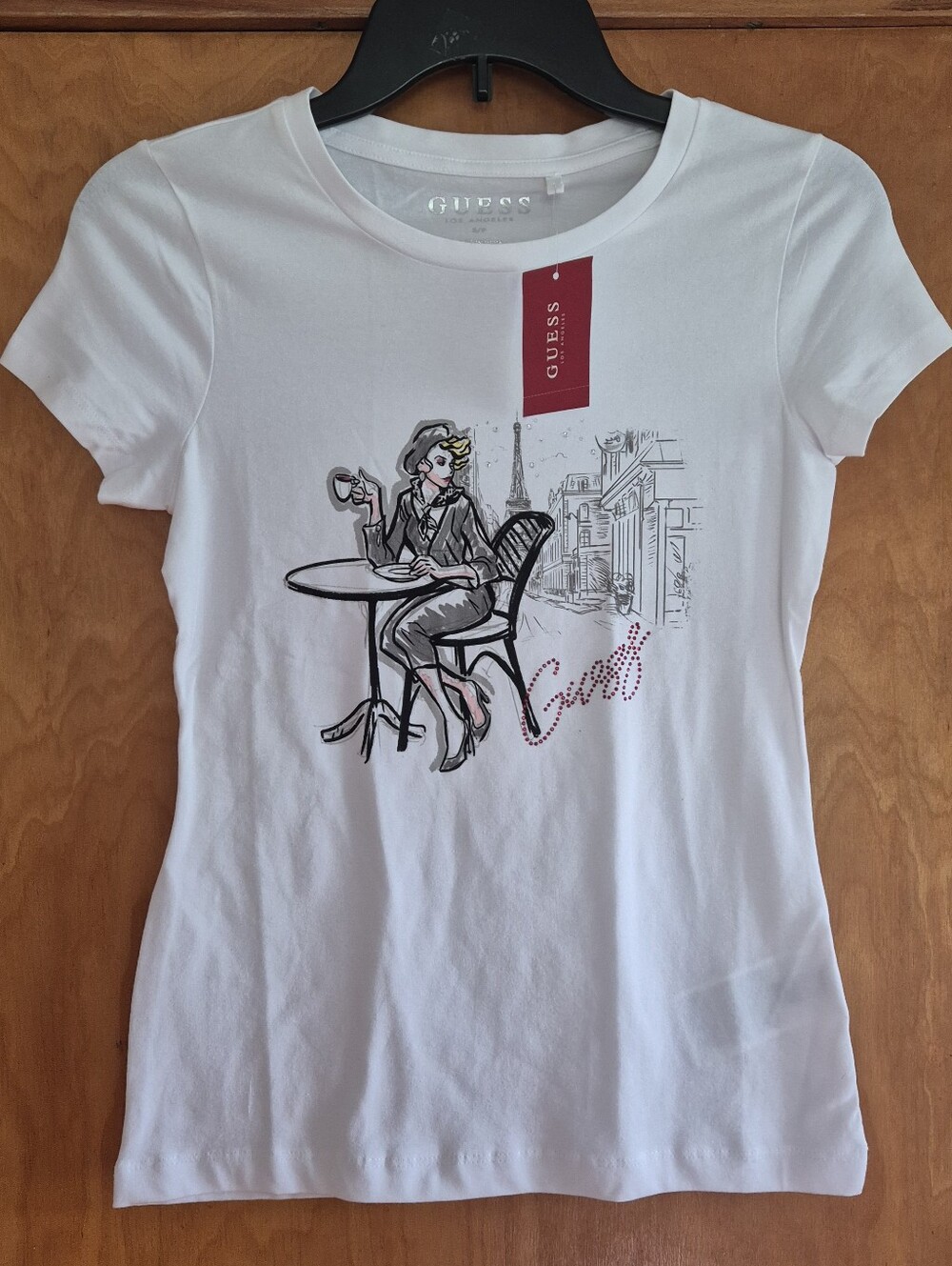 GUESS White Short-Sleeve Graphic Tee with Paris Café Illustration